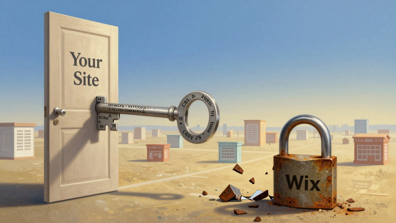 A code key unlocking a door to an open digital landscape, leaving behind a broken Wix lock.