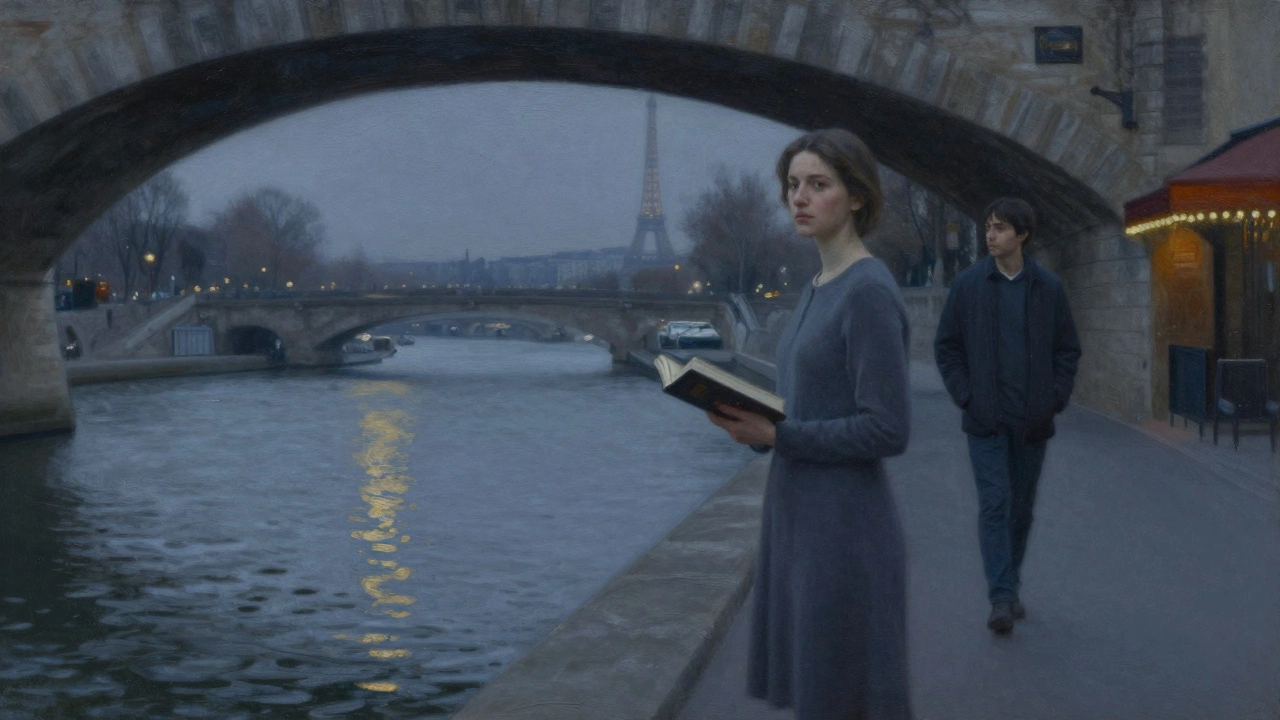 A woman stands by the Seine at dusk, her reflection in the water as a man walks away in quiet gratitude.