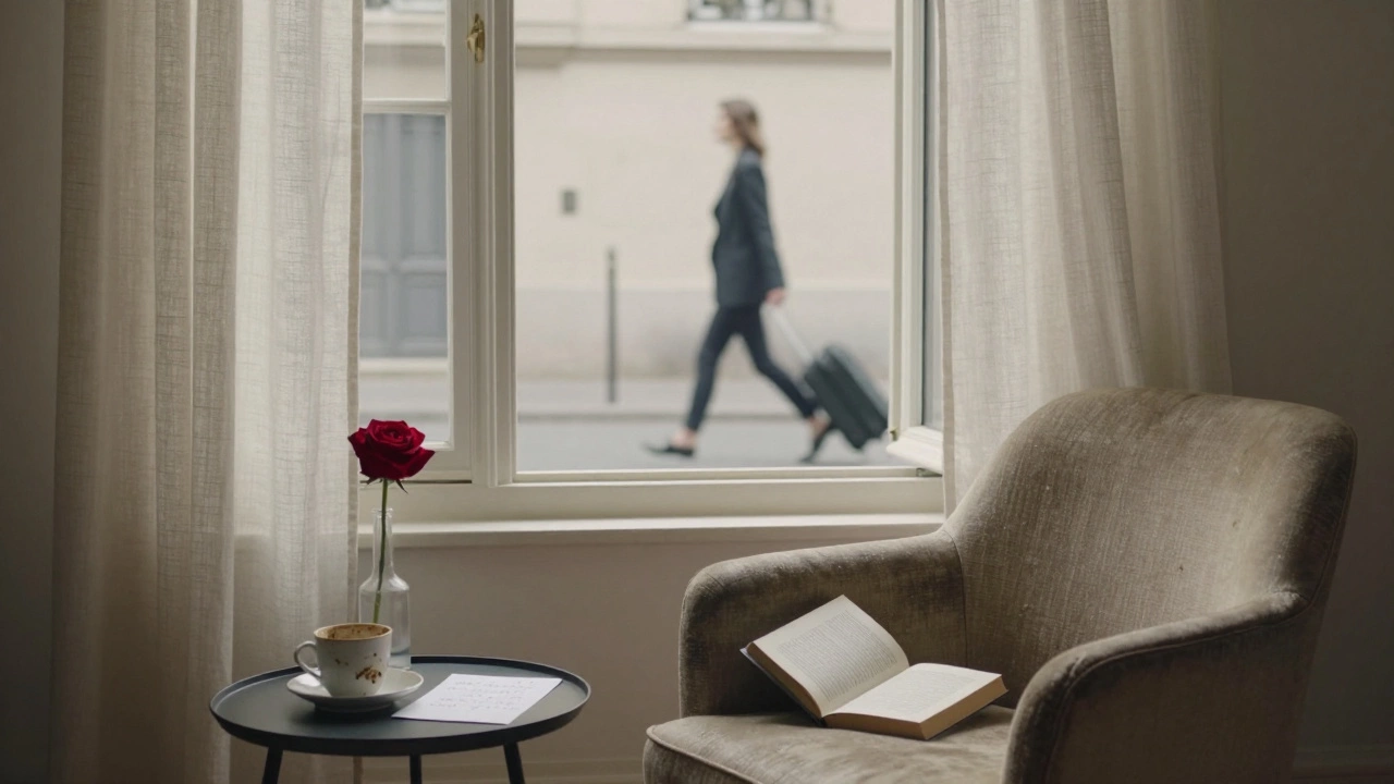 An empty armchair by a sunlit window holds a half-read book and a single rose, hinting at a quiet departure.