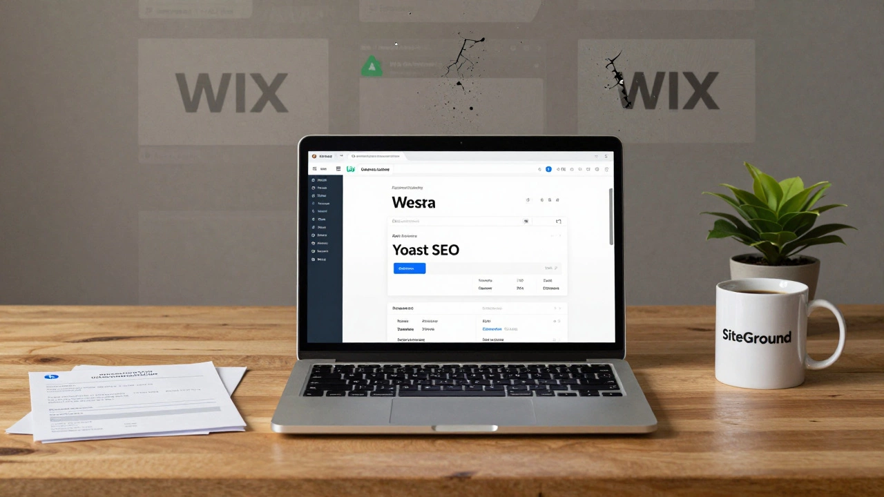 WordPress dashboard on a laptop with hosting tools and a plant, symbolizing control and growth.